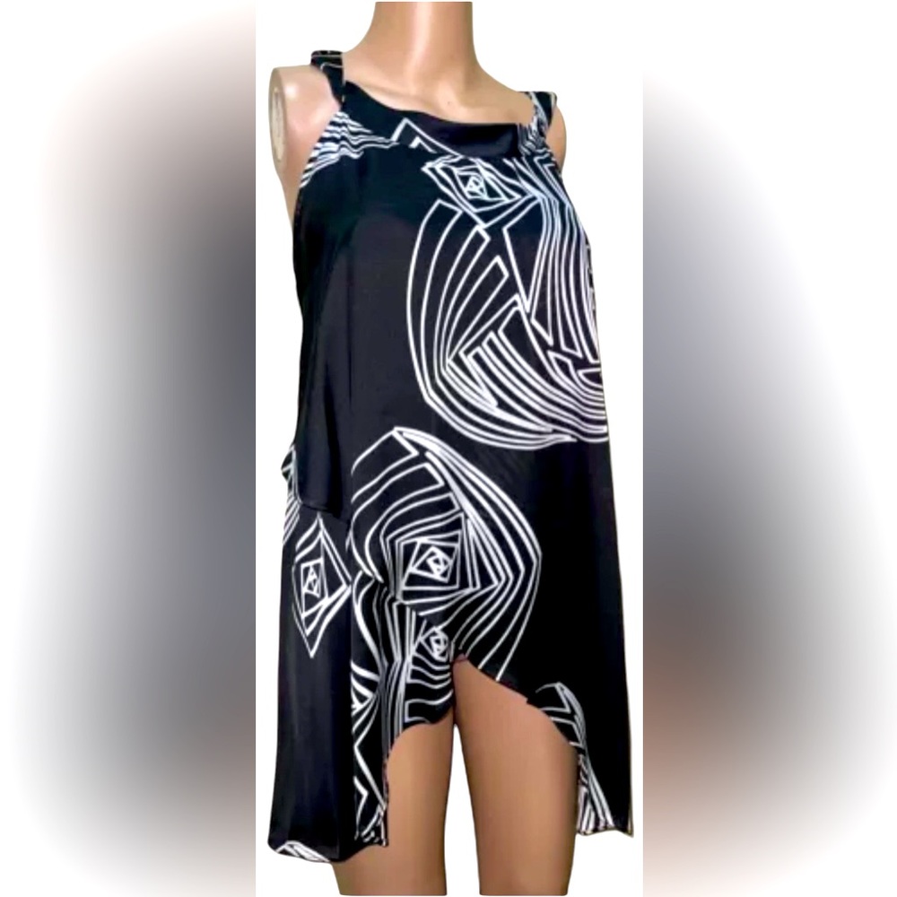 MILANO TUNIC TOP LAYERED GEOMETRIC PATTERN WOMENS SLEEVELESS BLACK SIZE MEDIUM